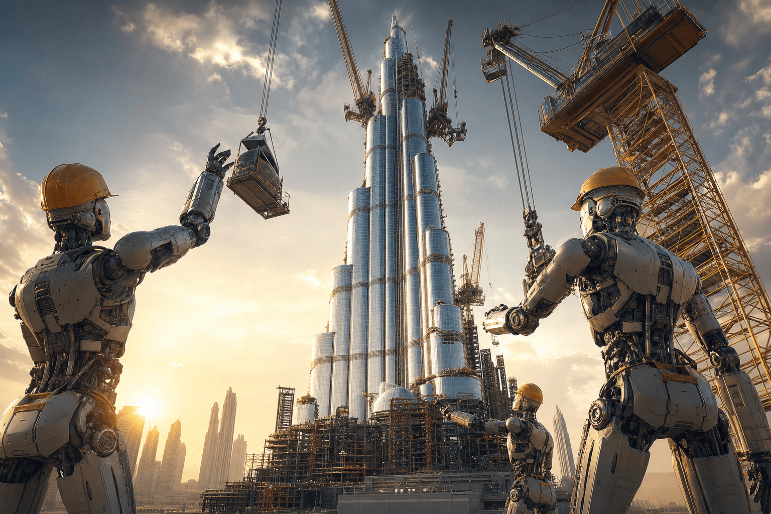 Robots building Burj Khalifa — futuristic app development in Dubai, UAE