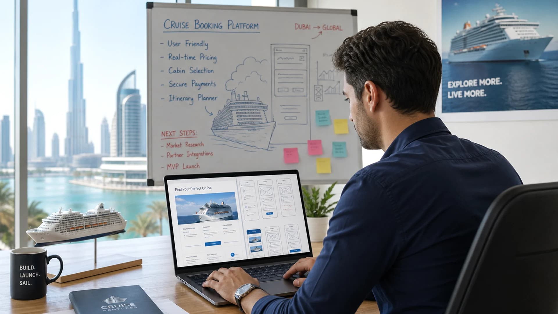 Cruise booking app concept with reservation marketplace and travel ecosystem operations background