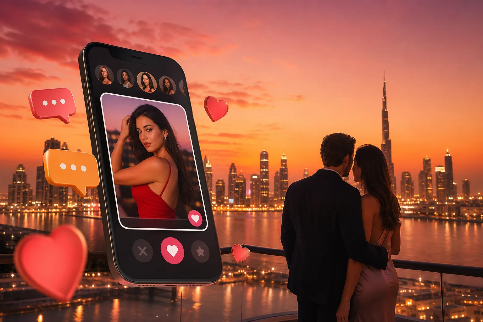 Modern dating app interface concept with Dubai skyline, mobile UI screens, and social connection visuals