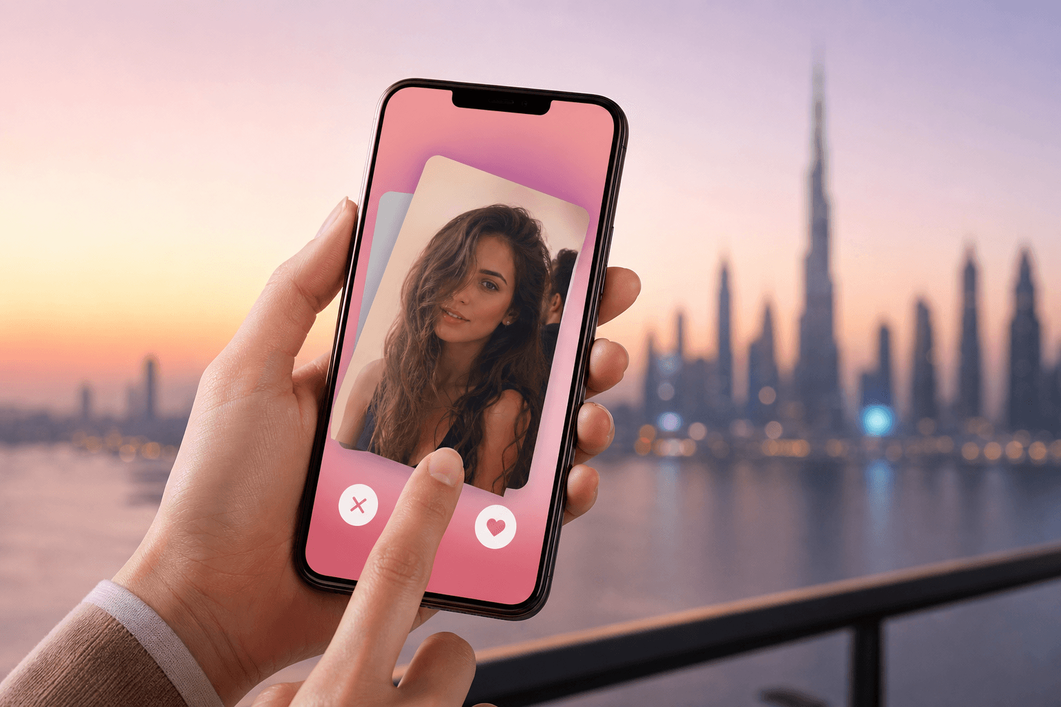 Swipe dating app product concept with pink interface and Dubai skyline
