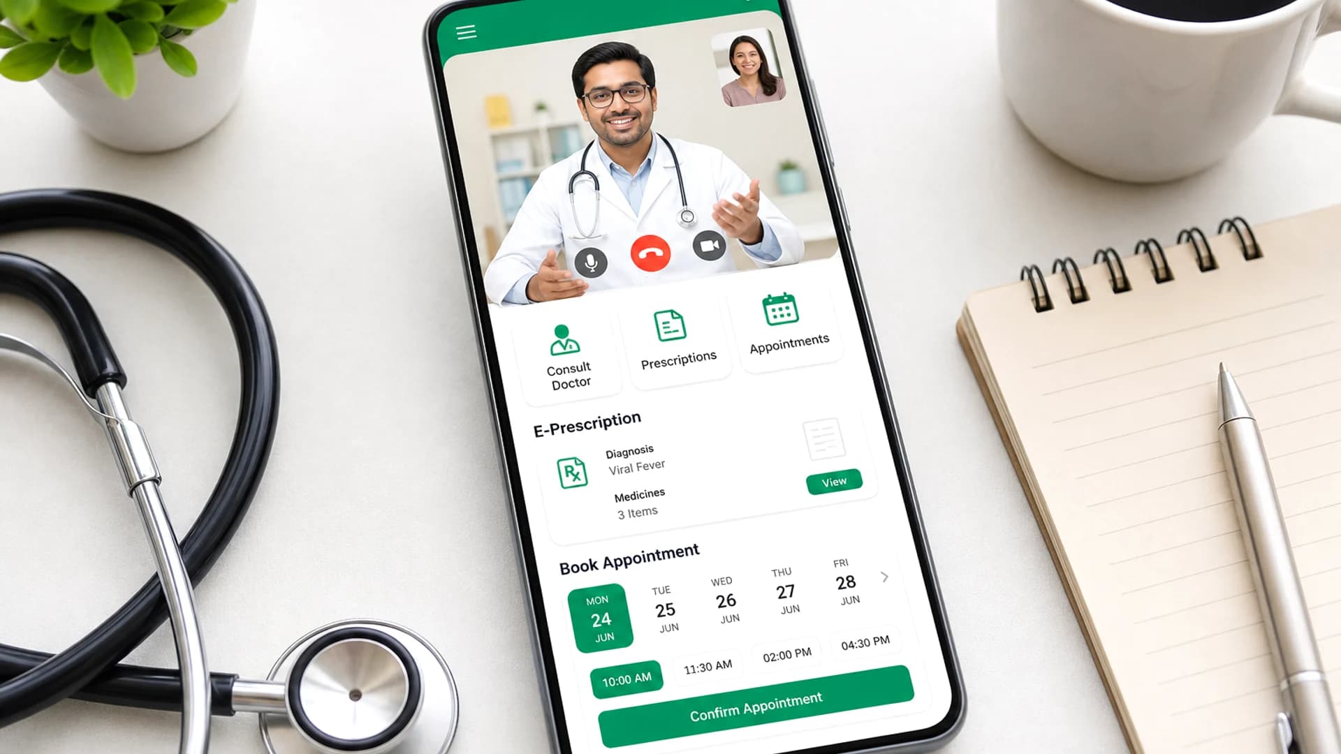 Doctor On Demand app concept with telemedicine interface virtual consultations and healthcare operations background