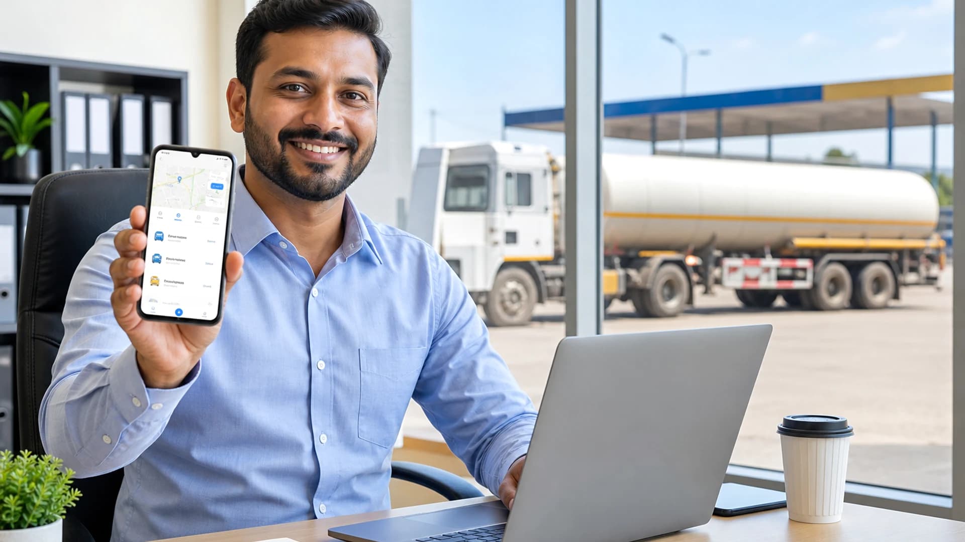 Fuel delivery app concept with mobile fueling interface and logistics operations background