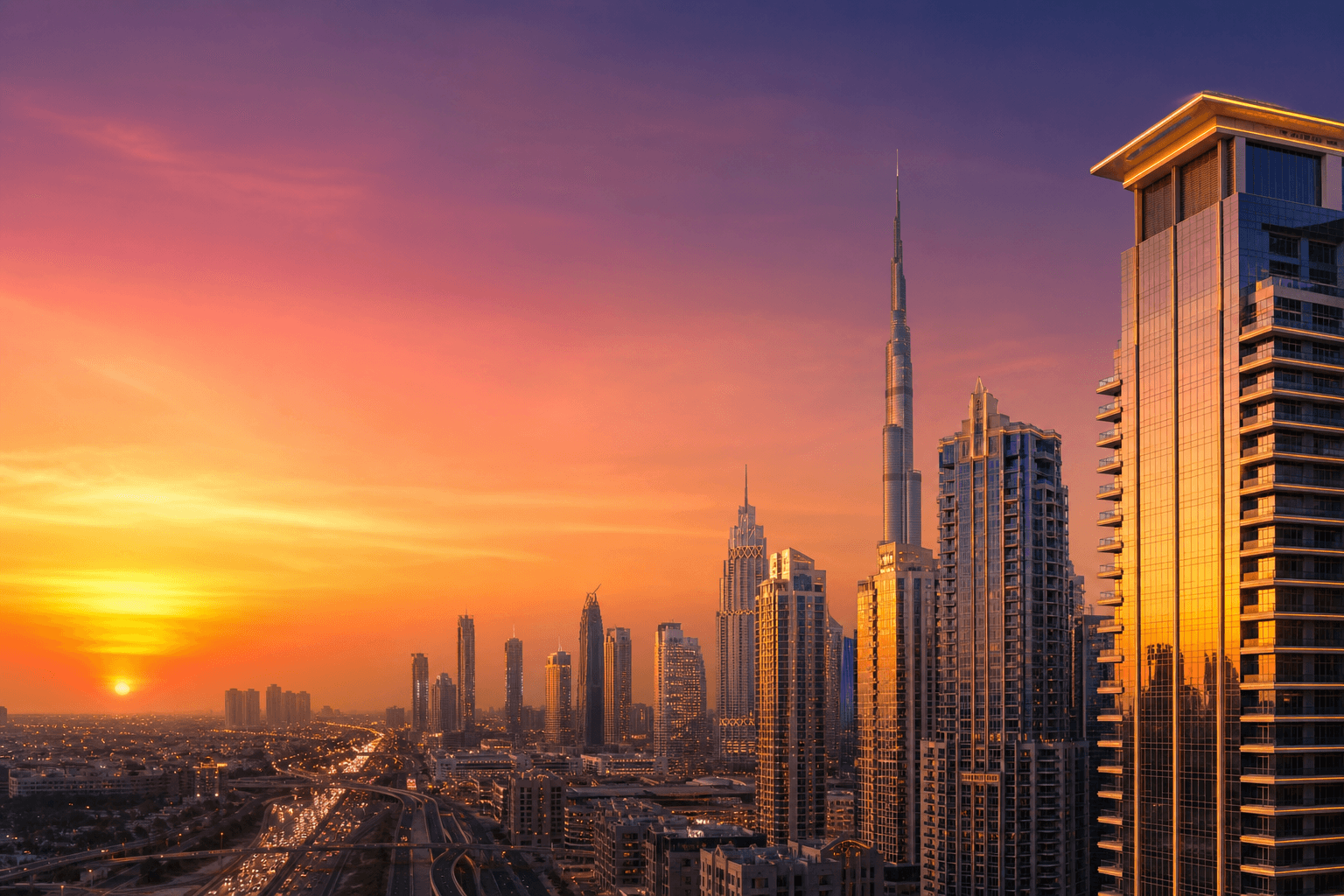 Dubai UAE skyline at sunset representing real estate and PropTech app development