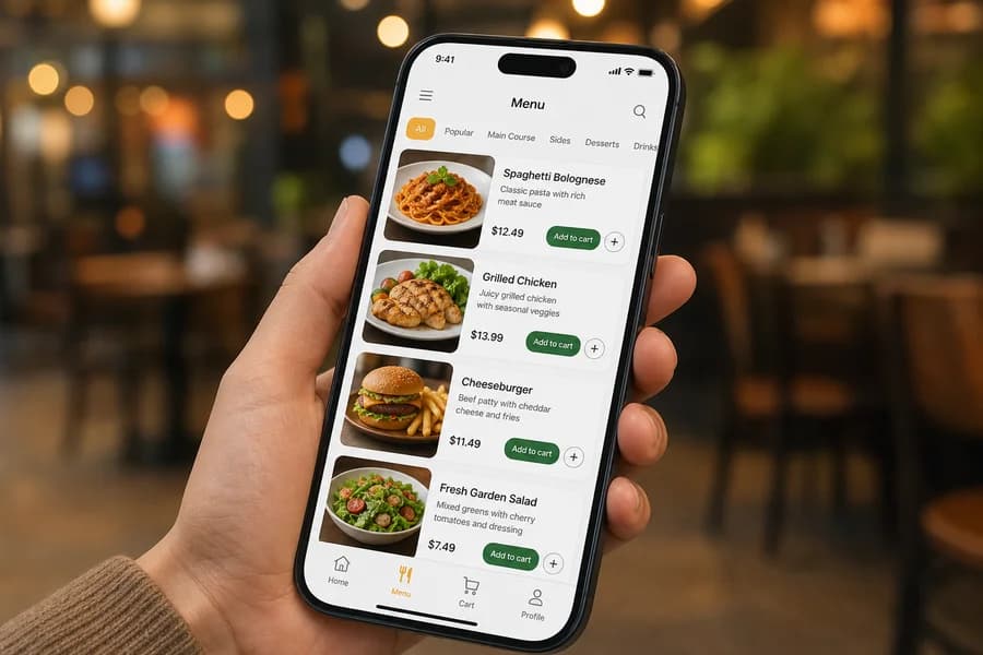 Online food ordering app with menu browsing secure payments and order tracking