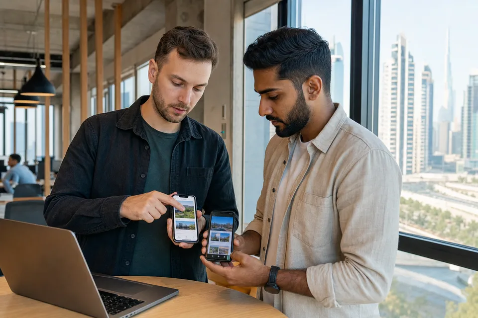 Mobile app developers collaborating on smartphone prototypes in a Dubai office